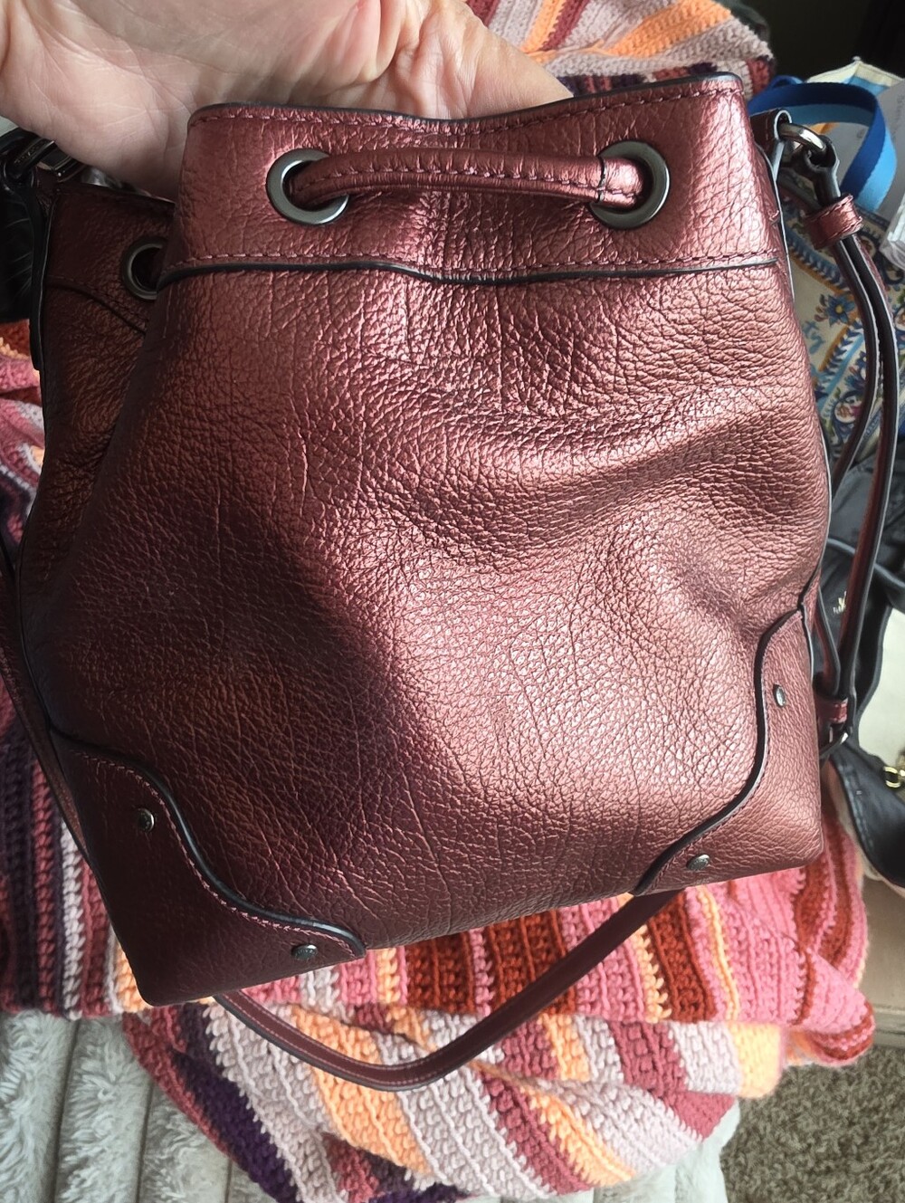 Coach "Baby Mickie" Metallic Garnet Red Drawstring  Bucket Bag - Picture 5 of 10